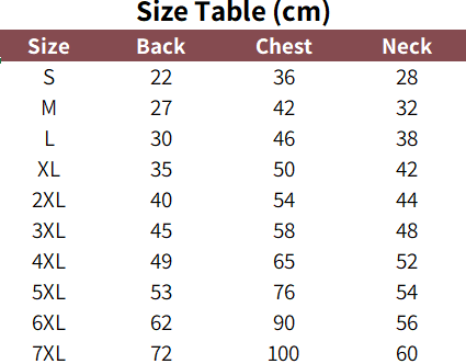 Waterproof dog vest sizing chart.