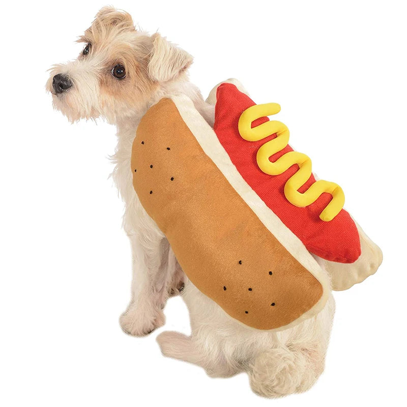 Small white dog in a hotdog Halloween costume. Costume includes mustard garnish.