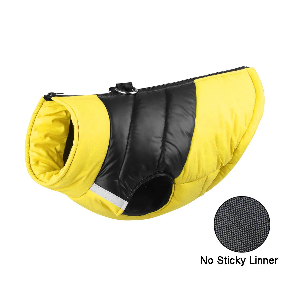 Yellow and black padded waterproof dog vest with leash hooks.